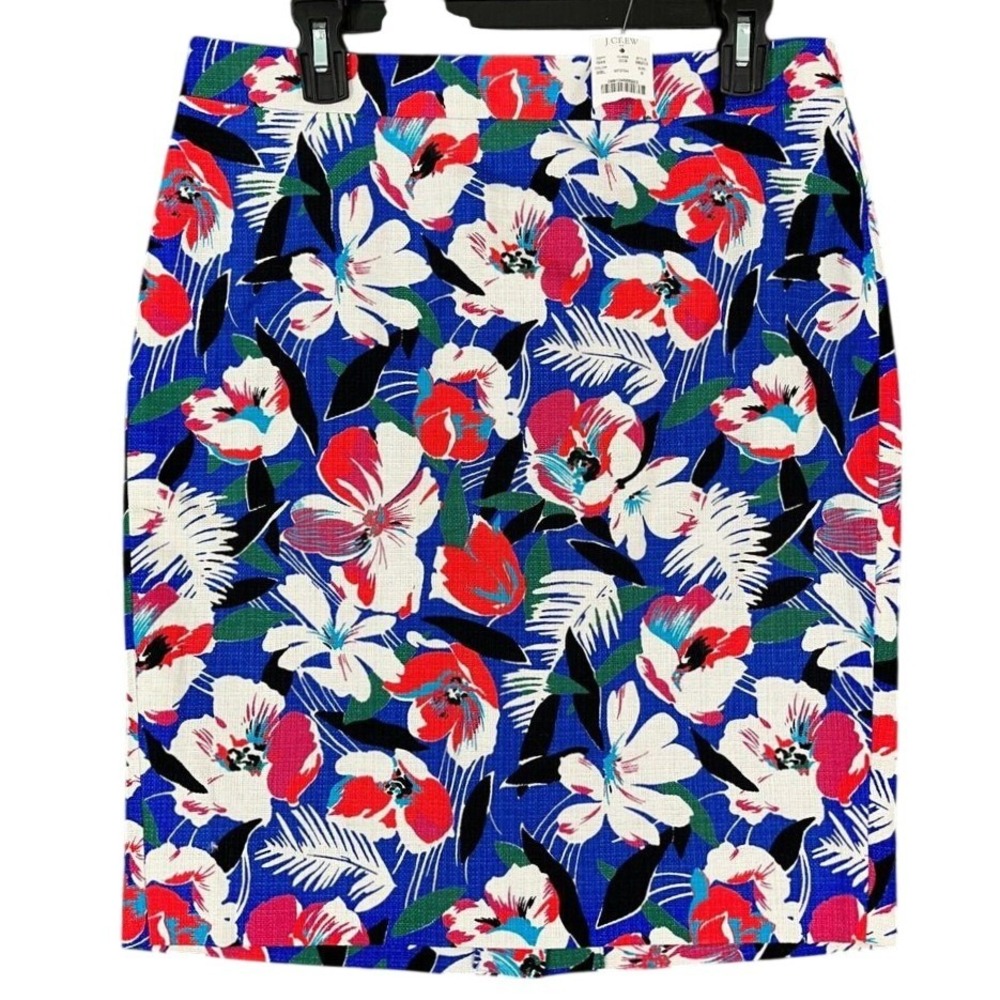 J Crew Skirt Womens 6 Blue Pencil Straight Lined Short Cotton Floral‎ Business